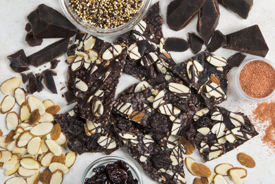 Dark Chocolate Almond Bark with Puffed Quinoa, Dried Cherries, Merlot Sea Salt